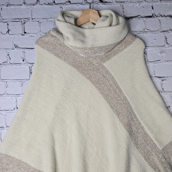 Anthropologie Pont Neuf Cream Metallic Pink Fringe Cowl Neck Knit Poncho - Picture 2 of 7